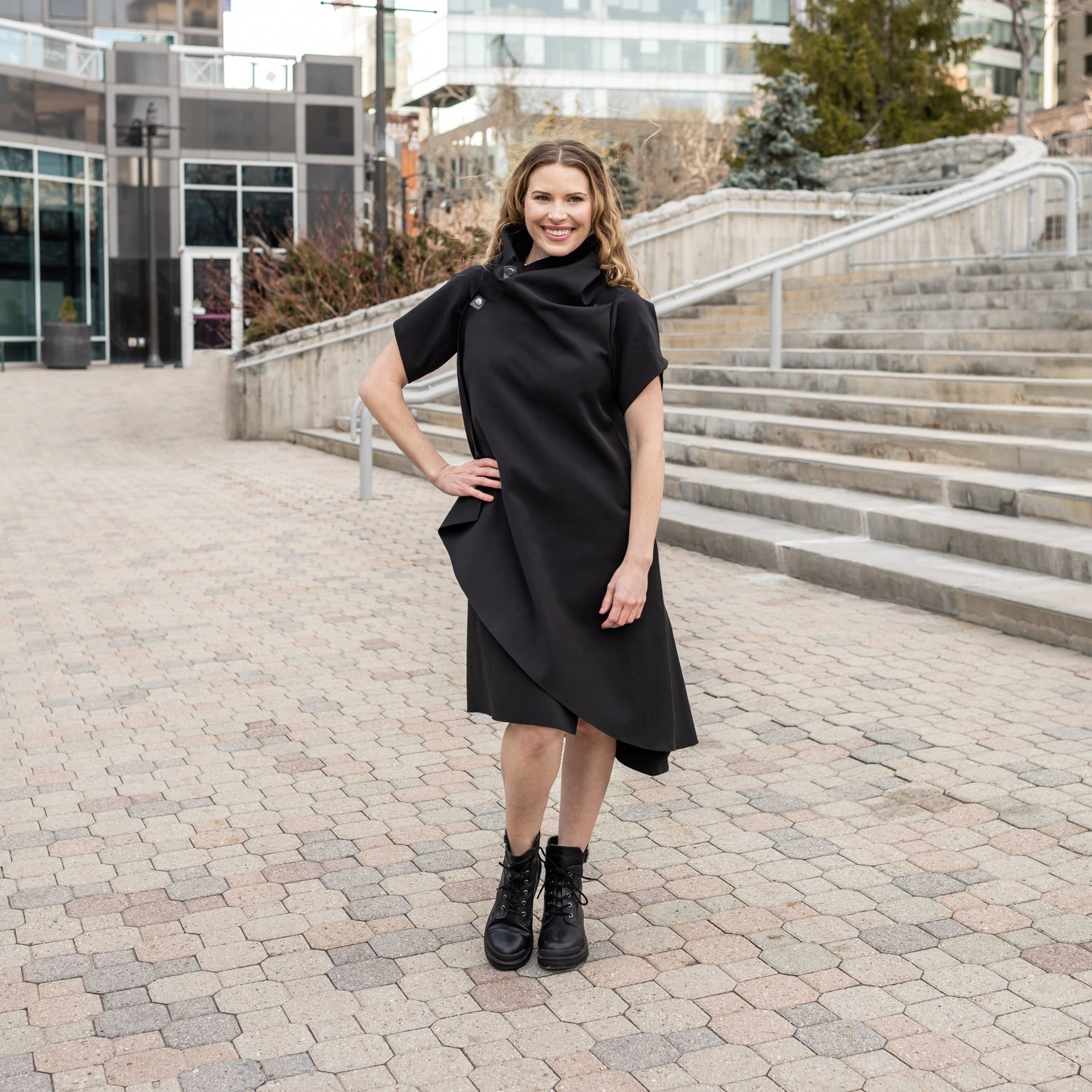 black dress under knee Nikola One-Shoulder Cut-Out Feature Knee Length Dress Black