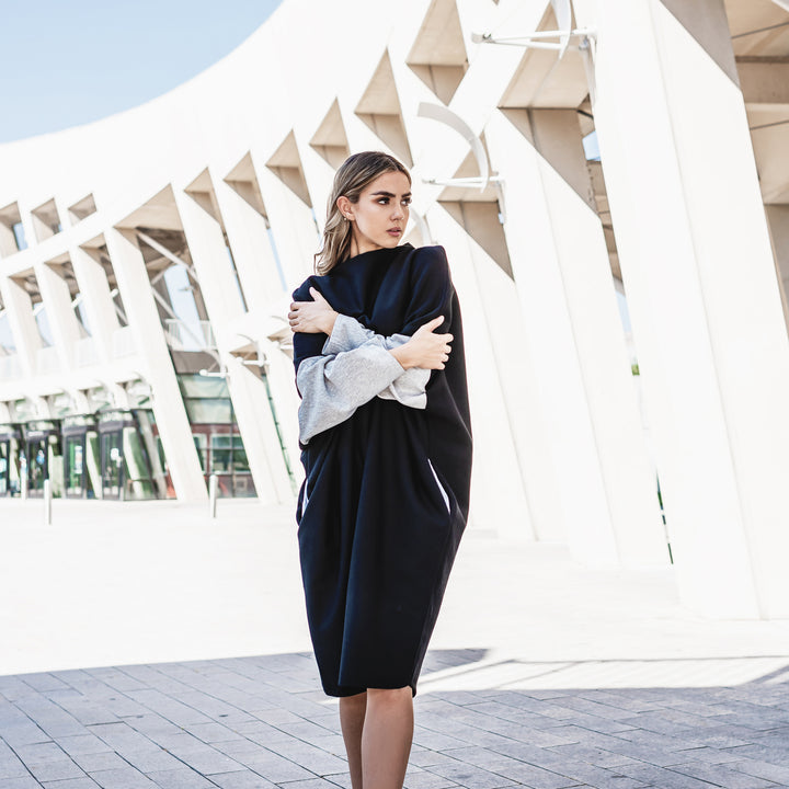 Black dress with long sleeves in organic cotton by Malaika New York