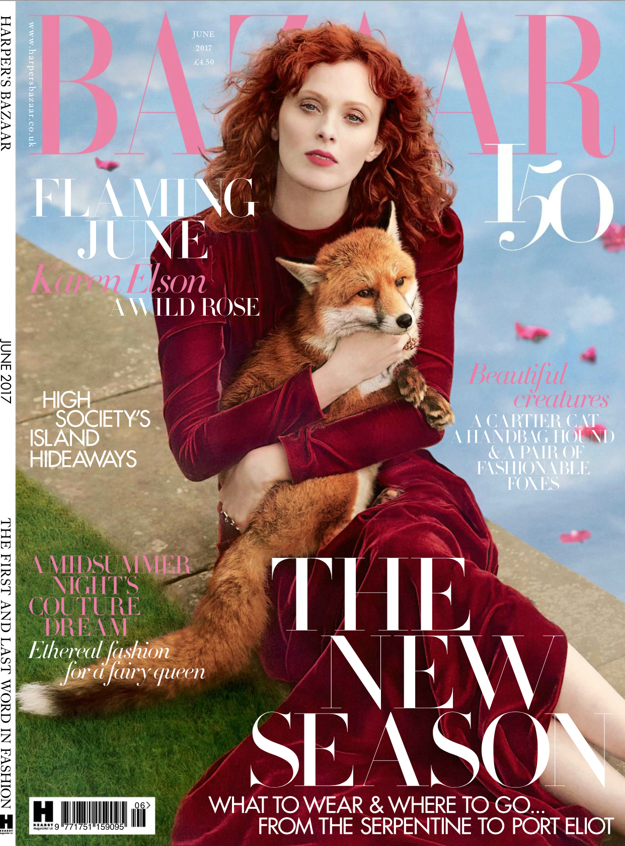HARPERS BAZAR FRONT PAGE A LADY WITH RED HAIR AND A FOX. MALAIKA NEW YORK
