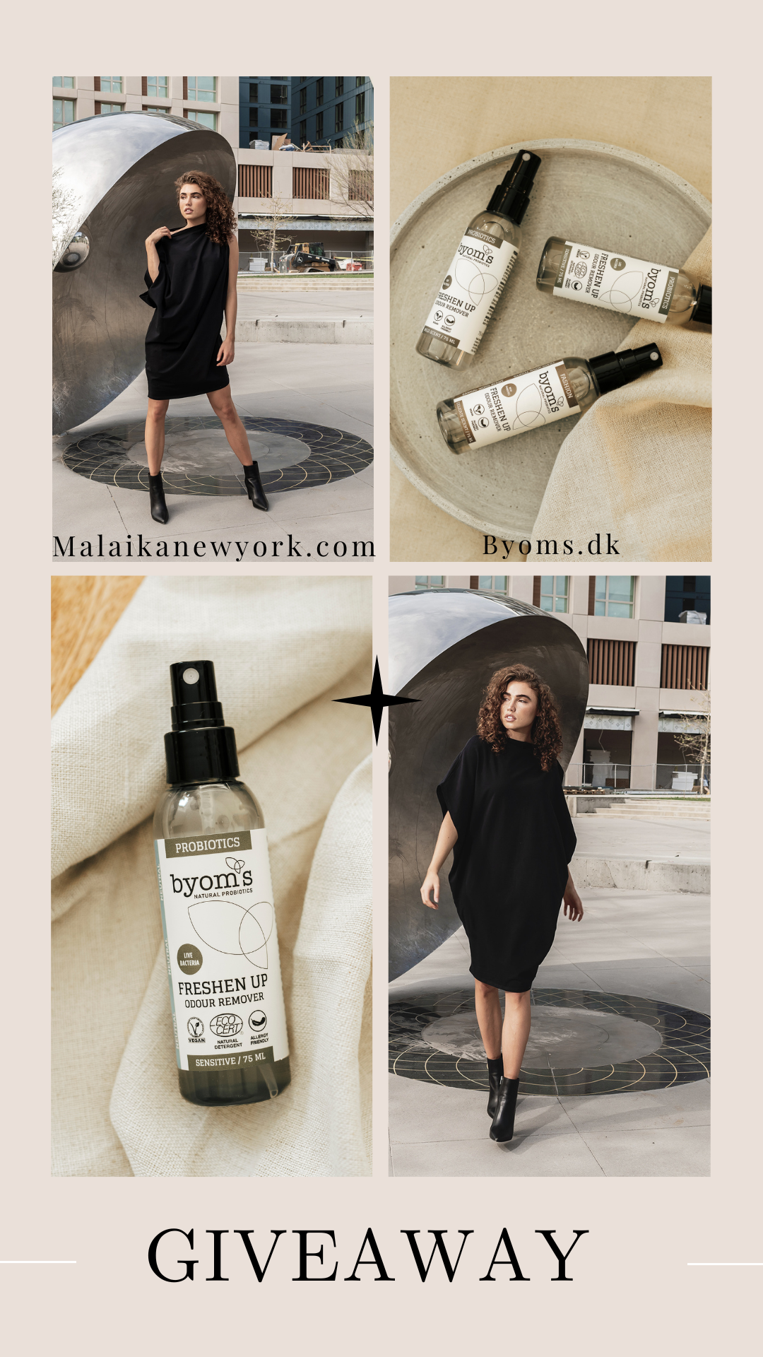 Byoms x Malaika New York Giveaway 2023, a woman wearing a black organic cotton shift dress by Malaika New York. Byoms freshen up.