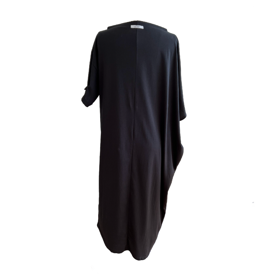 Long black shift dress in organic cotton by Malaika New York.