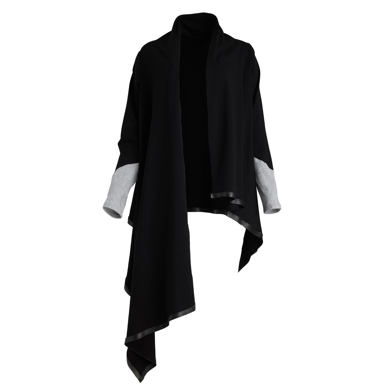 A floating black cardigan with the waterfall effect. 3D sleeves with a asymmetrical cut by Malaika New York