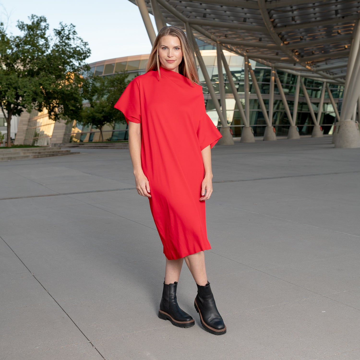 pleated red shift dress