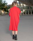 A back view of a woman wearing a knee-lenght pleated shift dress by Malaika New York
