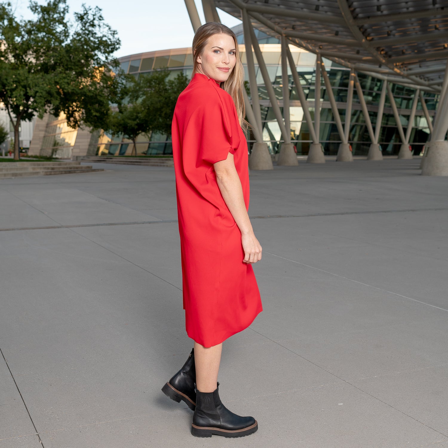 Red store pleated dress