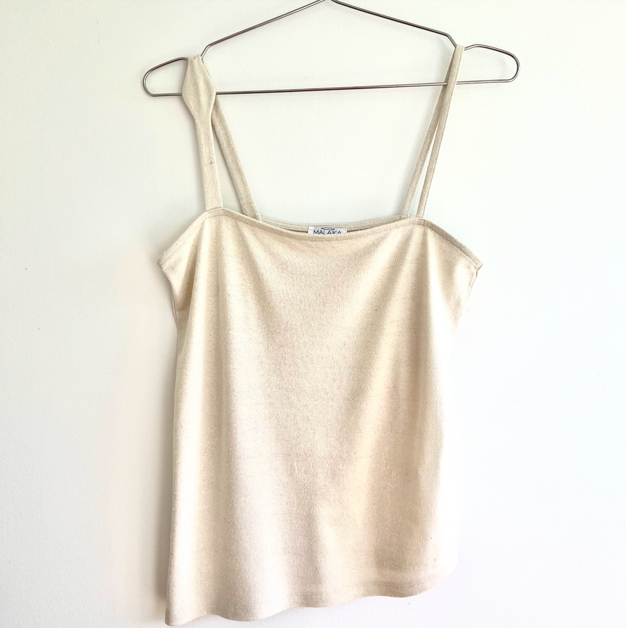 Raw jersey silk tank top in white with asymmetrical straps by Malaika New York