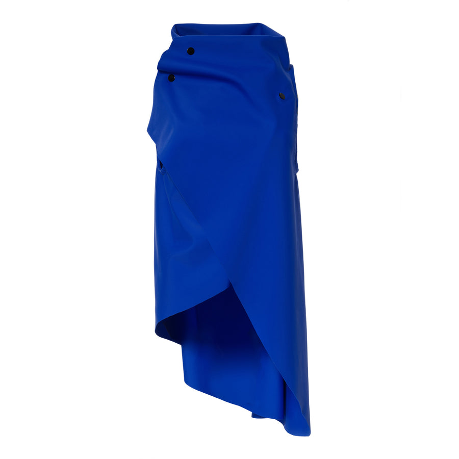 A blue asymmetrical vest with black snaps in ECONYL fabrics by Malaika New York