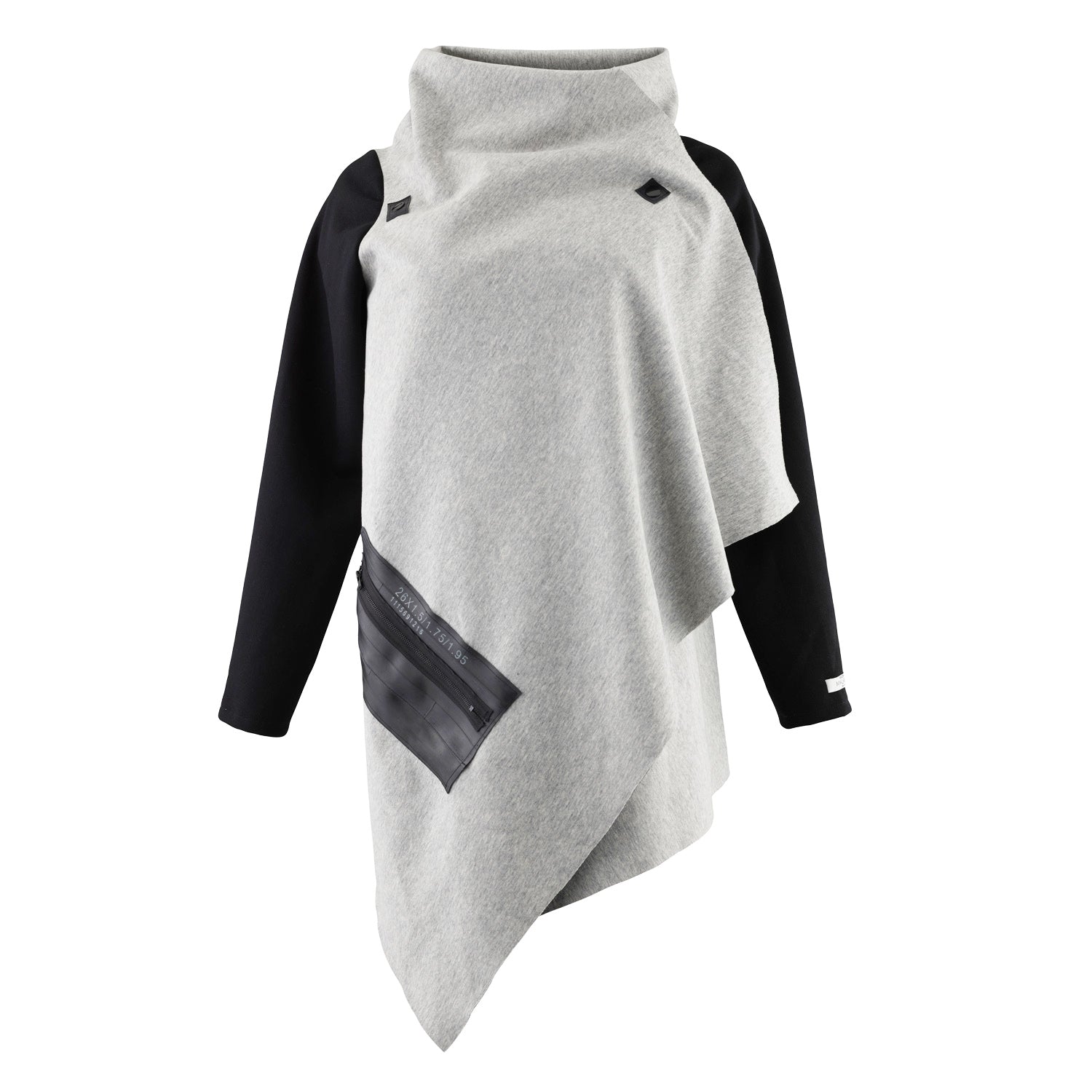 A grey cardigan with a black squared zipper pocket and black sleeves by Malaika New York
