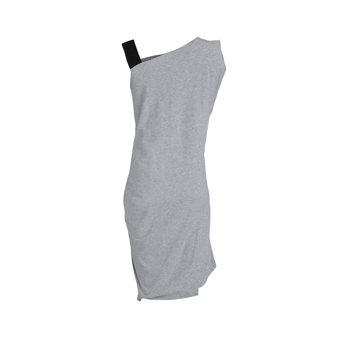 The back view of our grey organic cotton Dress with a black strap by Malaika New York