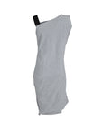 The back view of our grey organic cotton Dress with a black strap by Malaika New York