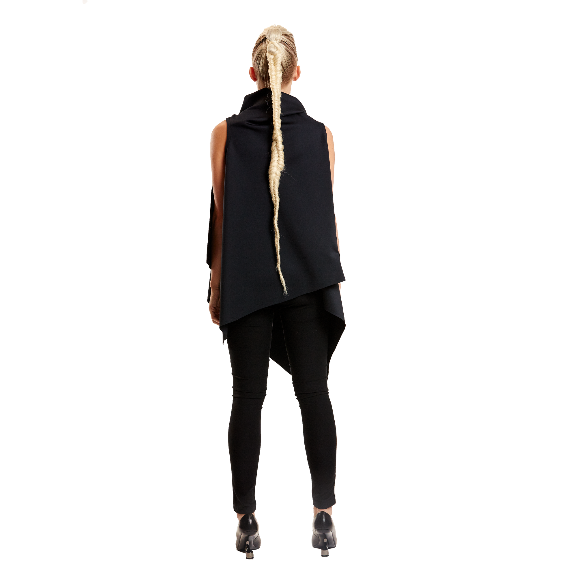 A woman with her back turned wearing a black asymmetrical vest by Malaika New York