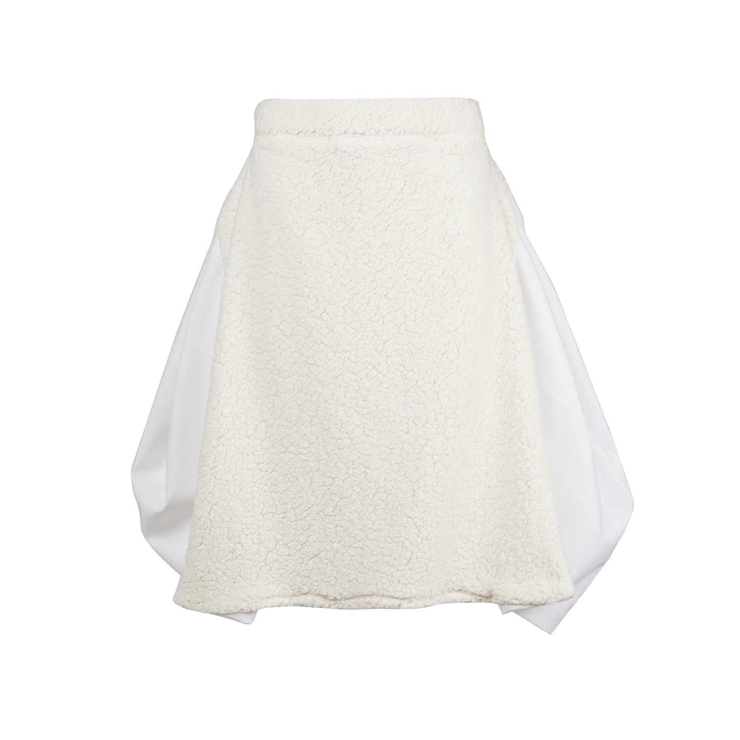 A white faux vegan fur skirt in a beautiful combination of organic cotton and vegan fur by Malaika New York