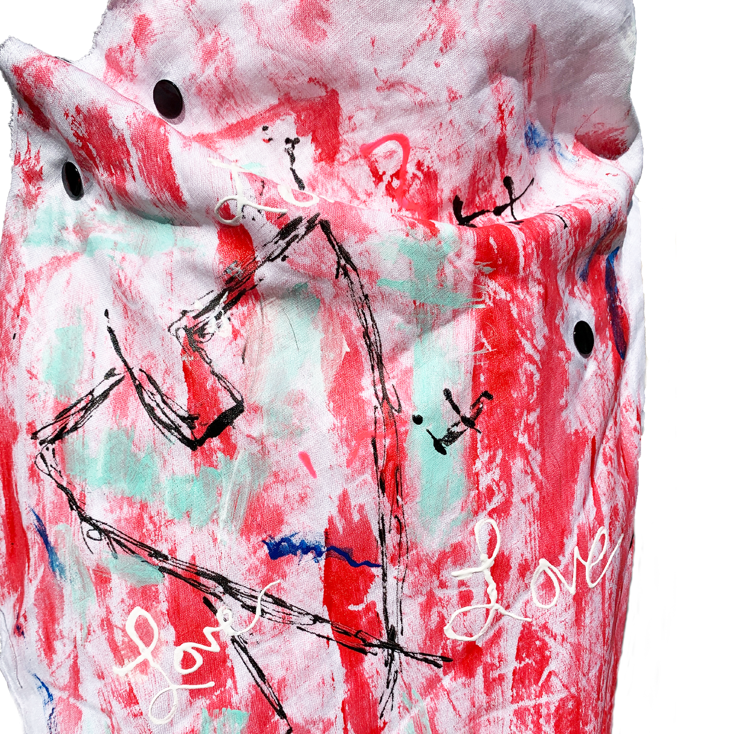 A close up of a hand-painted asymmetrical vest. Mainly red paint mixed with mint green and black by Malaika New York